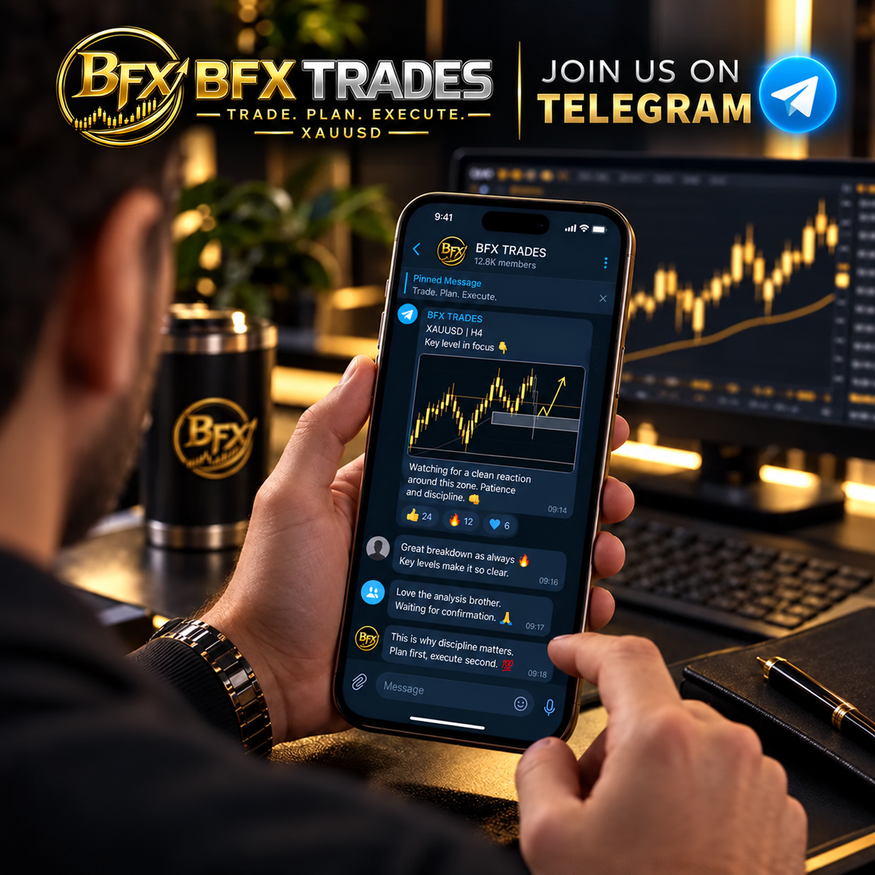 BFX Trades Telegram group promo showing a XAUUSD trade setup and member discussion
