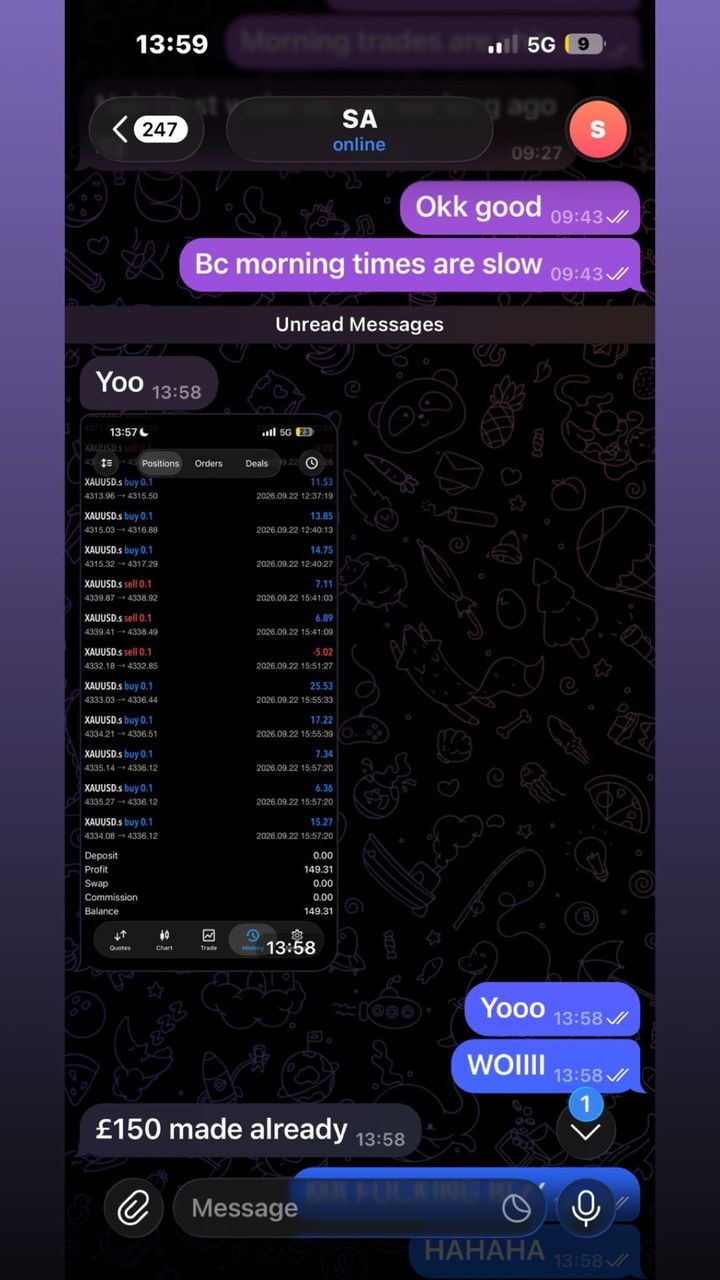 Chat with a BFX Trades member sharing a trade screenshot and saying they have made £150 already