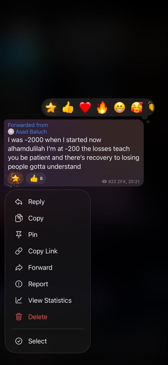 Telegram message from a BFX Trades member about recovering a large drawdown by staying patient